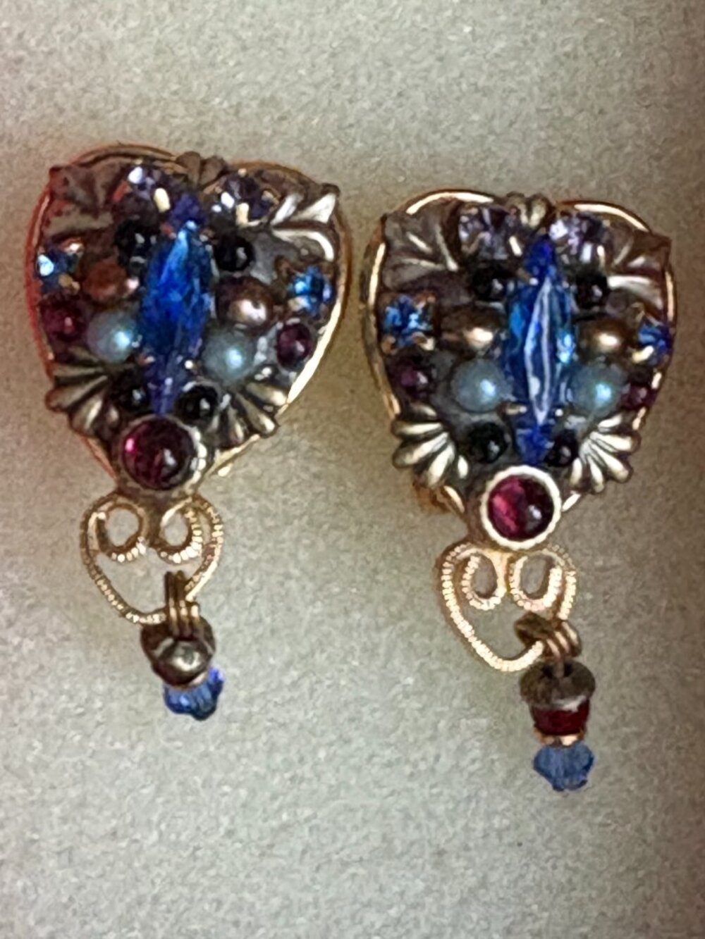 Michal Golan Earrings Clip On Heart Drop Dangle Gold Tone Byzantine Style Mosaic